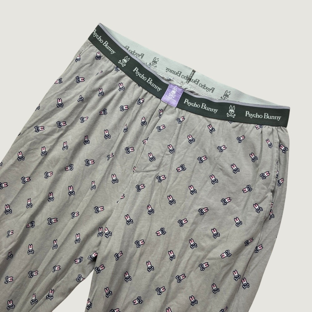 Psycho Bunny Mens Med Pajama Pants Gray Bunny Skull All Over Print Lounge Sleep